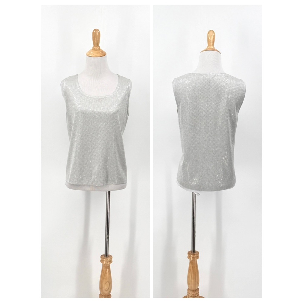 ST JOHN Knit Shell Top Medium Light Gray Metallic Shimmer Sleeveless Scoop Neck